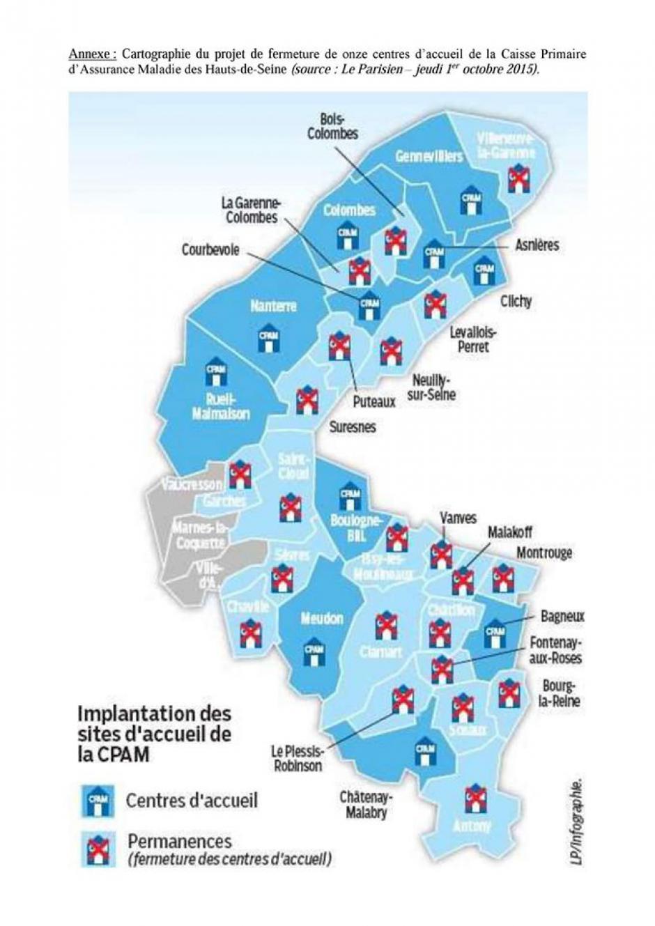 Carte des caisses primaires d'allocation familiale supprimées dans le département des Hauts-de-Seine